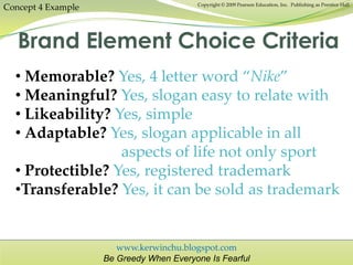 www.kerwinchu.blogspot.com
Be Greedy When Everyone Is Fearful
Copyright © 2009 Pearson Education, Inc. Publishing as Prentice Hall
Concept 4 Example
Brand Element Choice Criteria
• Memorable? Yes, 4 letter word “Nike”
• Meaningful? Yes, slogan easy to relate with
• Likeability? Yes, simple
• Adaptable? Yes, slogan applicable in all
aspects of life not only sport
• Protectible? Yes, registered trademark
•Transferable? Yes, it can be sold as trademark
 