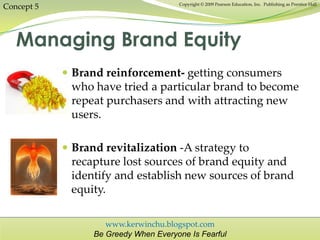 www.kerwinchu.blogspot.com
Be Greedy When Everyone Is Fearful
Copyright © 2009 Pearson Education, Inc. Publishing as Prentice Hall
Concept 5
Managing Brand Equity
 Brand reinforcement- getting consumers
who have tried a particular brand to become
repeat purchasers and with attracting new
users.
 Brand revitalization -A strategy to
recapture lost sources of brand equity and
identify and establish new sources of brand
equity.
 