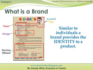 www.kerwinchu.blogspot.com
Be Greedy When Everyone Is Fearful
Copyright © 2009 Pearson Education, Inc. Publishing as Prentice Hall
What is a Brand
Concept 1
Name
Symbol/
Sign
Design
Services
Offered
Similar to
individuals a
brand provides the
IDENTITY to a
product.
 
