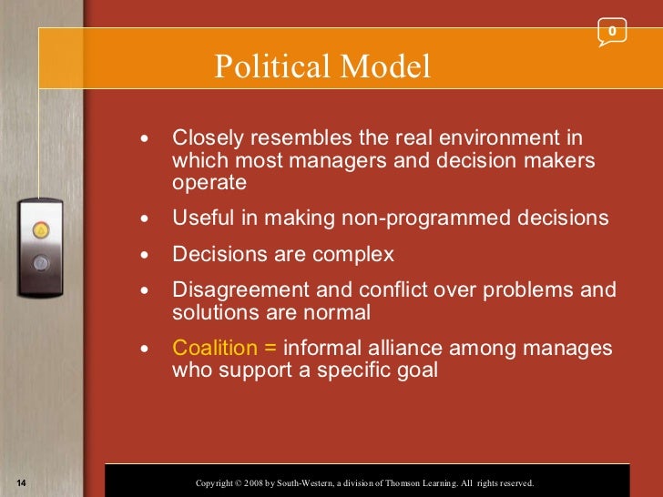 political model of decision making Decision making models handout page 2 of 2 iv the political model • is descriptive in that it describes how decisions are actually made • the decision maker is neither rational nor objective and unbiased. political model of decision making Decision making models handout page 2 of 2 iv the political model • is descriptive in that it describes how decisions are actually made • the decision maker is neither rational nor objective and unbiased.