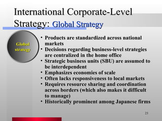 International Corporate-Level Strategy:  Global Strategy Products are standardized across national markets Decisions regarding business-level strategies are centralized in the home office Strategic business units (SBU) are assumed to be interdependent Emphasizes economies of scale Often lacks responsiveness to local markets Requires resource sharing and coordination across borders (which also makes it difficult to manage) Historically prominent among Japanese firms Global strategy 