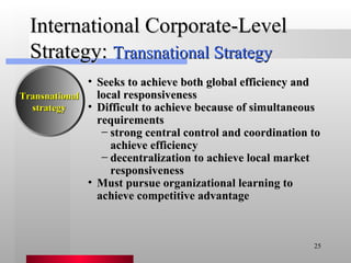 International Corporate-Level Strategy:  Transnational Strategy Seeks to achieve both global efficiency and local responsiveness Difficult to achieve because of simultaneous requirements strong central control and coordination to achieve efficiency  decentralization to achieve local market responsiveness Must pursue organizational learning to achieve competitive advantage Transnational strategy 