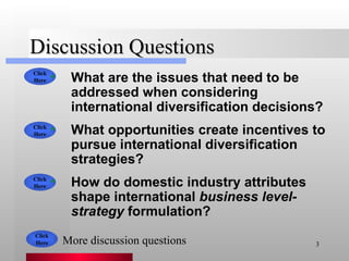 Discussion Questions What are the issues that need to be addressed when considering international diversification decisions? What opportunities create incentives to pursue international diversification strategies? How do domestic industry attributes shape international  business level-strategy  formulation? Click Here Click Here Click Here More discussion questions Click Here 