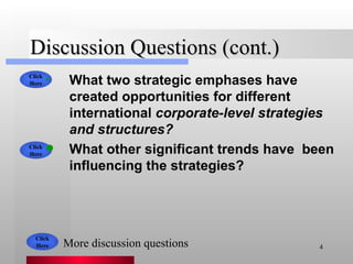 Discussion Questions (cont.) What two strategic emphases have created opportunities for different international  corporate-level strategies and structures? What other significant trends have  been influencing the strategies? Click Here Click Here Click Here More discussion questions 