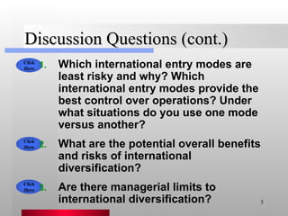 Discussion Questions (cont.) Which international entry modes are least risky and why? Which international entry modes provide the best control over operations? Under what situations do you use one mode versus another? What are the potential overall benefits and risks of international diversification? Are there managerial limits to international diversification? Click Here Click Here Click Here 