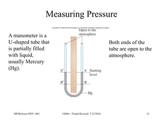 MFMcGraw-PHY 1401 Ch09e - Fluids-Revised: 7/12/2010 12
Measuring Pressure
A manometer is a
U-shaped tube that
is partially filled
with liquid,
usually Mercury
(Hg).
Both ends of the
tube are open to the
atmosphere.
 