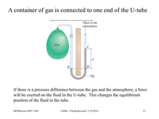 MFMcGraw-PHY 1401 Ch09e - Fluids-Revised: 7/12/2010 13
A container of gas is connected to one end of the U-tube
If there is a pressure difference between the gas and the atmosphere, a force
will be exerted on the fluid in the U-tube. This changes the equilibrium
position of the fluid in the tube.
 