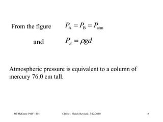 MFMcGraw-PHY 1401 Ch09e - Fluids-Revised: 7/12/2010 16
Atmospheric pressure is equivalent to a column of
mercury 76.0 cm tall.
gd
PA 

From the figure atm
B
A P
P
P 

and
 
