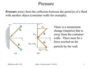 MFMcGraw-PHY 1401 Ch09e - Fluids-Revised: 7/12/2010 3
Pressure
Pressure arises from the collisions between the particles of a fluid
with another object (container walls for example).
There is a momentum
change (impulse) that is
away from the container
walls. There must be a
force exerted on the
particle by the wall.
 