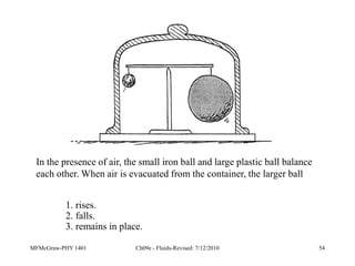 MFMcGraw-PHY 1401 Ch09e - Fluids-Revised: 7/12/2010 54
In the presence of air, the small iron ball and large plastic ball balance
each other. When air is evacuated from the container, the larger ball
1. rises.
2. falls.
3. remains in place.
 