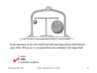 MFMcGraw-PHY 1401 Ch09e - Fluids-Revised: 7/12/2010 65
1. rises.
2. falls.
3. remains in place.
In the presence of air, the small iron ball and large plastic ball balance
each other. When air is evacuated from the container, the larger ball
 