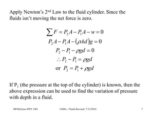 MFMcGraw-PHY 1401 Ch09e - Fluids-Revised: 7/12/2010 7
Apply Newton’s 2nd Law to the fluid cylinder. Since the
fluids isn’t moving the net force is zero.
 
gd
P
P
gd
P
P
gd
P
P
g
Ad
A
P
A
P
w
A
P
A
P
F




















1
2
1
2
1
2
1
2
1
2
or
0
0
0
If P1 (the pressure at the top of the cylinder) is known, then the
above expression can be used to find the variation of pressure
with depth in a fluid.
 