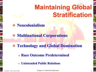 Chapter 9: Global Stratification
Copyright © Allyn & Bacon 2008 24
 Neocolonialism
 Multinational Corporations
 Technology and Global Domination
 Race Outcome Predetermined
 Unintended Public Relations
Maintaining Global
Stratification
 