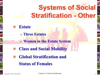 Chapter 9: Global Stratification
Copyright © Allyn & Bacon 2008 6
 Estate
 Three Estates
 Women in the Estate System
 Class and Social Mobility
 Global Stratification and
Status of Females
Systems of Social
Stratification - Other
 