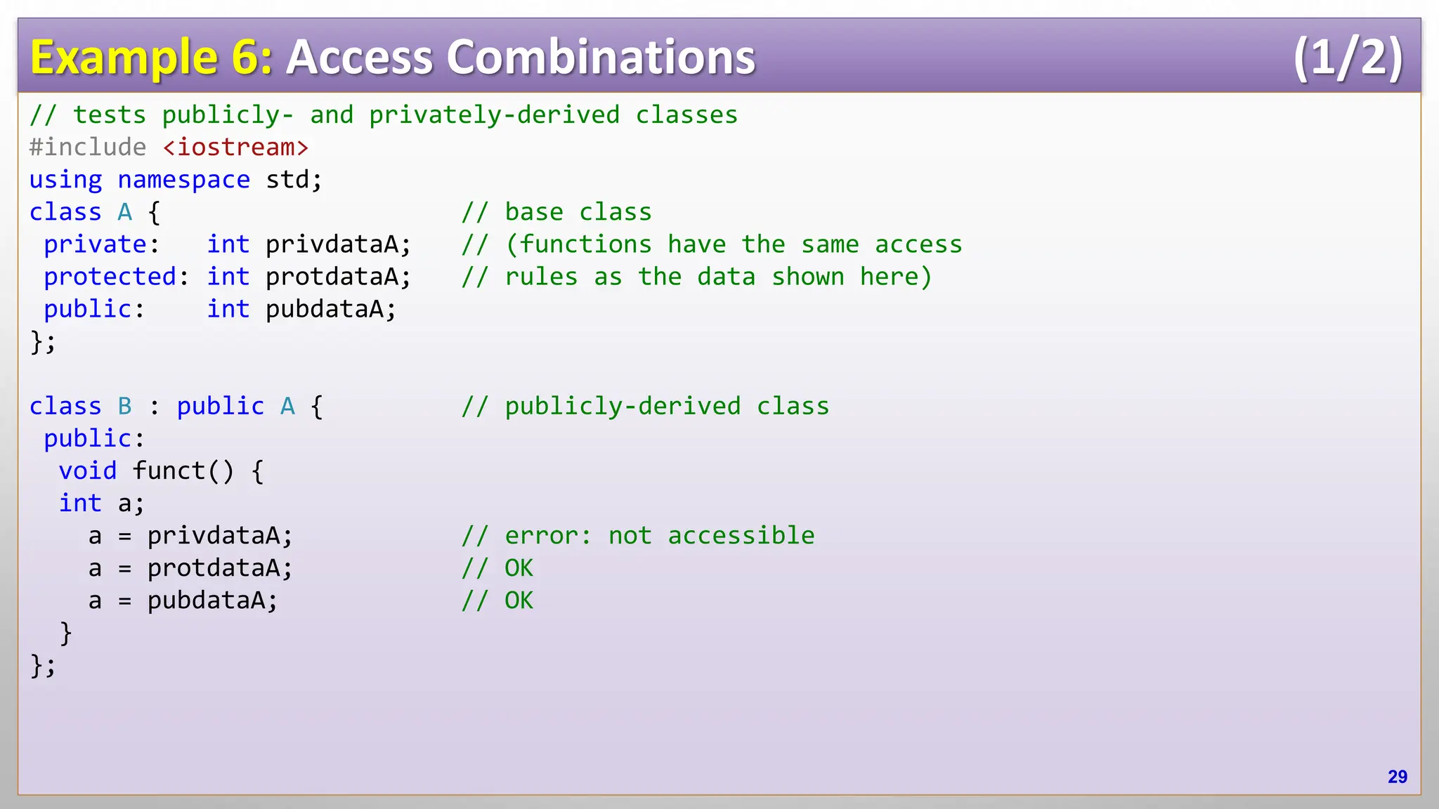 Example 6: Access Combinations (1/2) // tests publicly- and privately-derived classes #include <iostream> using namespace std; class A { // base class private: int privdataA; // (functions have the same access protected: int protdataA; // rules as the data shown here) public: int pubdataA; }; class B : public A { // publicly-derived class public: void funct() { int a; a = privdataA; // error: not accessible a = protdataA; // OK a = pubdataA; // OK } }; 29 