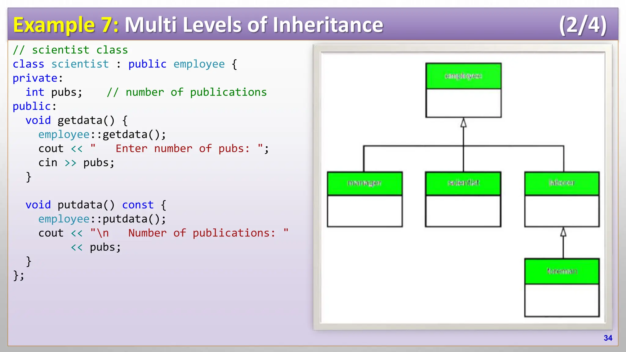 Example 7: Multi Levels of Inheritance (2/4) // scientist class class scientist : public employee { private: int pubs; // number of publications public: void getdata() { employee::getdata(); cout << " Enter number of pubs: "; cin >> pubs; } void putdata() const { employee::putdata(); cout << "n Number of publications: " << pubs; } }; 34 