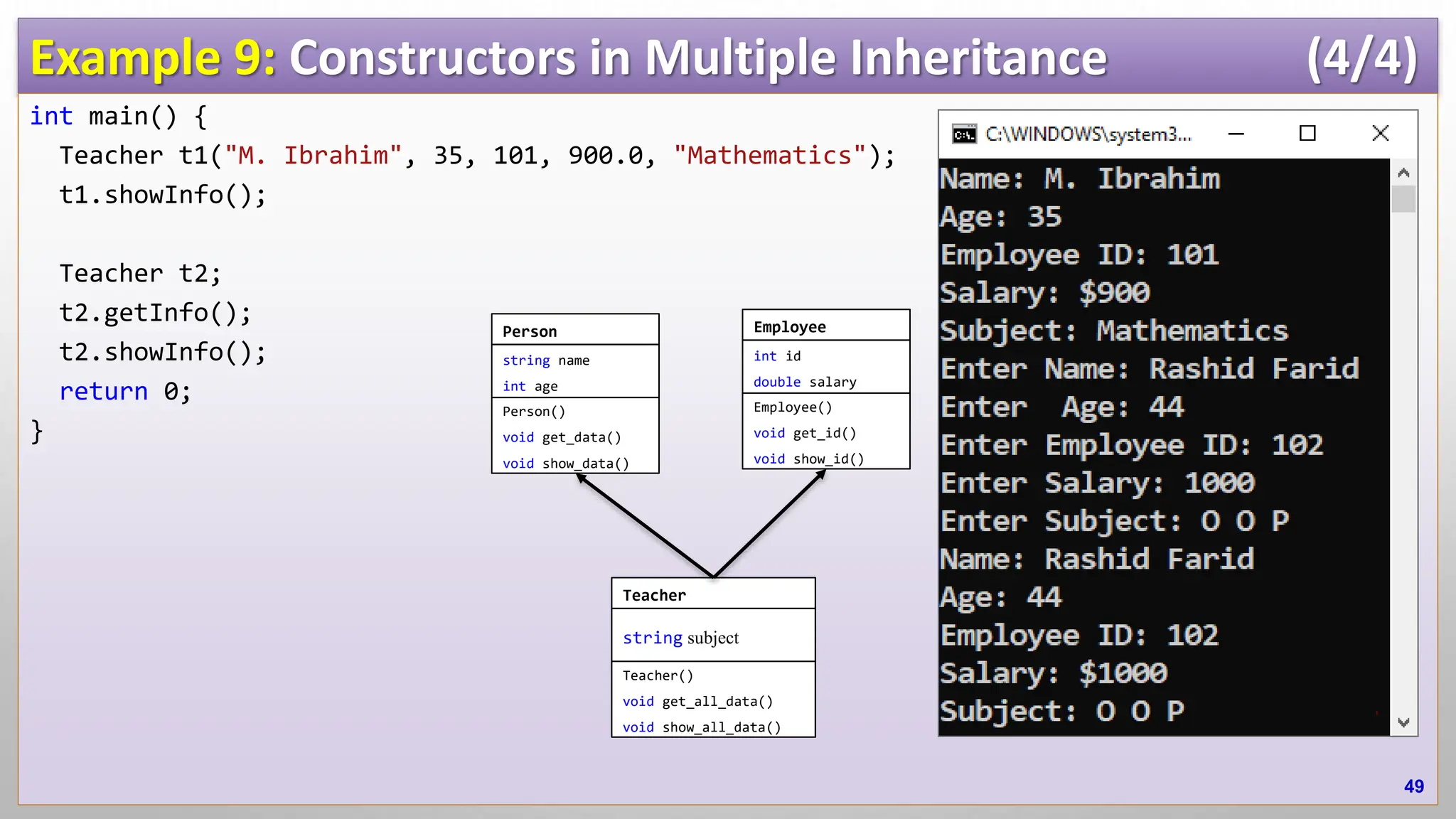 Example 9: Constructors in Multiple Inheritance (4/4) int main() { Teacher t1("M. Ibrahim", 35, 101, 900.0, "Mathematics"); t1.showInfo(); Teacher t2; t2.getInfo(); t2.showInfo(); return 0; } 49 Teacher string subject Teacher() void get_all_data() void show_all_data() Employee int id double salary Employee() void get_id() void show_id() Person string name int age Person() void get_data() void show_data() 