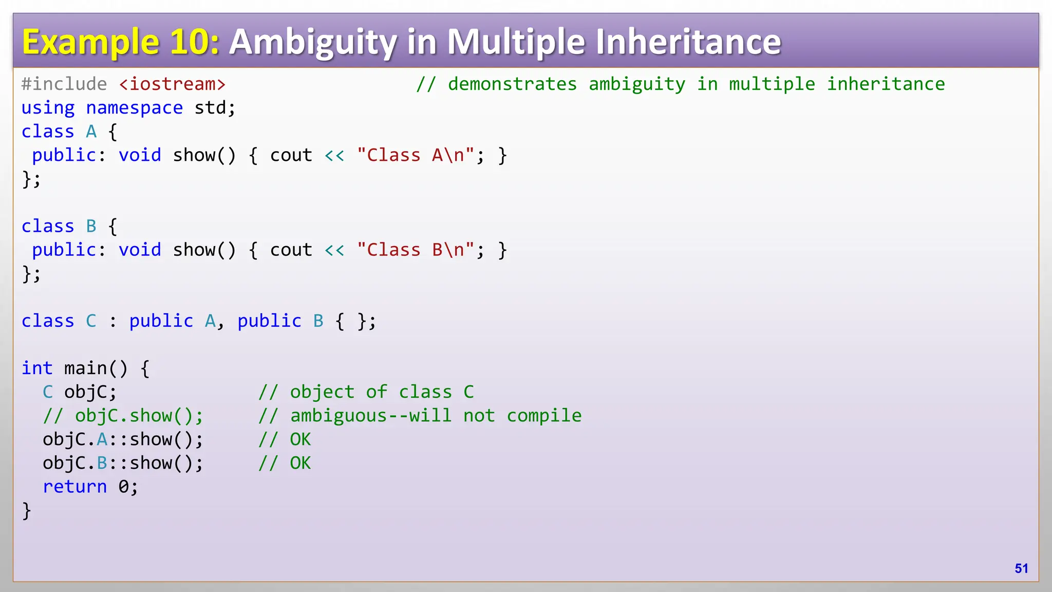 Example 10: Ambiguity in Multiple Inheritance #include <iostream> // demonstrates ambiguity in multiple inheritance using namespace std; class A { public: void show() { cout << "Class An"; } }; class B { public: void show() { cout << "Class Bn"; } }; class C : public A, public B { }; int main() { C objC; // object of class C // objC.show(); // ambiguous--will not compile objC.A::show(); // OK objC.B::show(); // OK return 0; } 51 