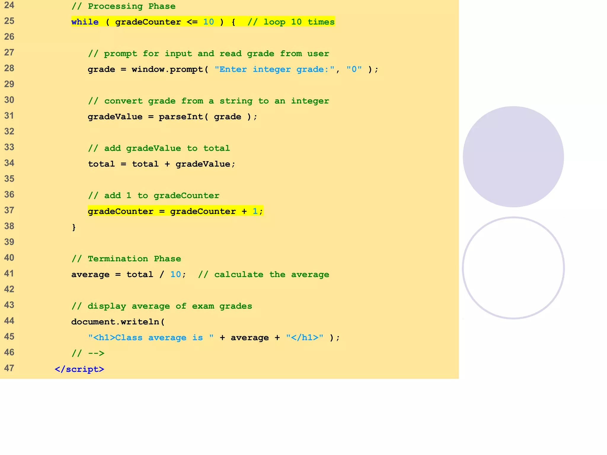 average.html
(2 of 3)
24 // Processing Phase
25 while ( gradeCounter <= 10 ) { // loop 10 times
26
27 // prompt for input and read grade from user
28 grade = window.prompt( "Enter integer grade:", "0" );
29
30 // convert grade from a string to an integer
31 gradeValue = parseInt( grade );
32
33 // add gradeValue to total
34 total = total + gradeValue;
35
36 // add 1 to gradeCounter
37 gradeCounter = gradeCounter + 1;
38 }
39
40 // Termination Phase
41 average = total / 10; // calculate the average
42
43 // display average of exam grades
44 document.writeln(
45 "<h1>Class average is " + average + "</h1>" );
46 // -->
47 </script>
 