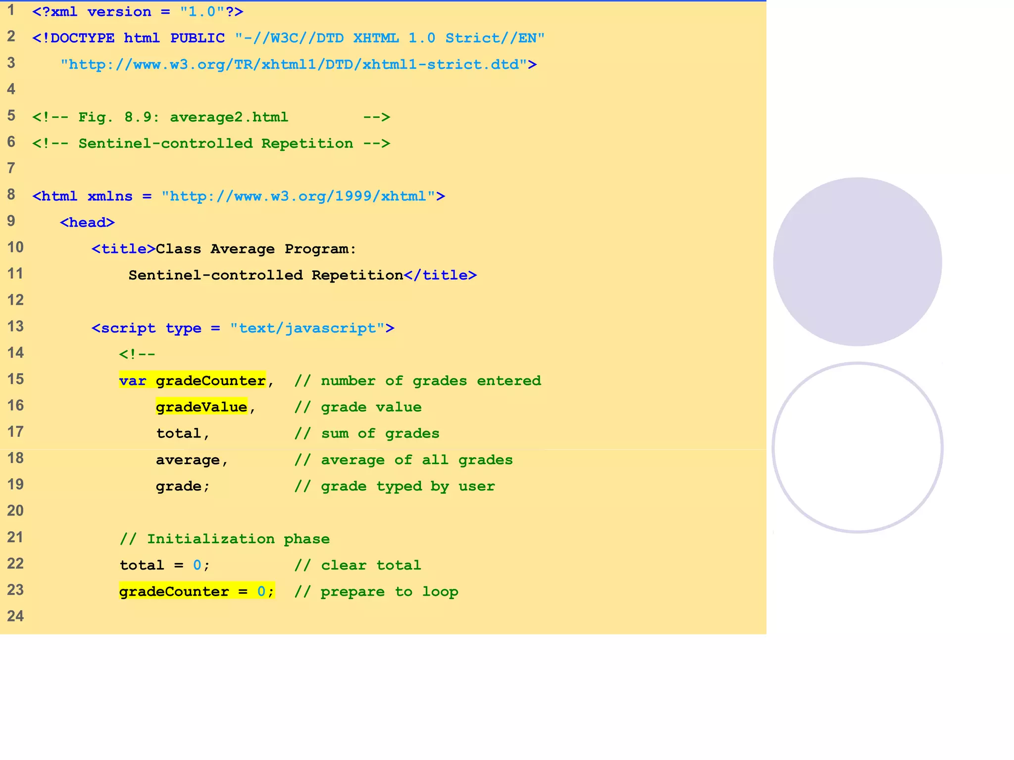 average2.html
(1 of 3)
1 <?xml version = "1.0"?>
2 <!DOCTYPE html PUBLIC "-//W3C//DTD XHTML 1.0 Strict//EN"
3 "http://www.w3.org/TR/xhtml1/DTD/xhtml1-strict.dtd">
4
5 <!-- Fig. 8.9: average2.html -->
6 <!-- Sentinel-controlled Repetition -->
7
8 <html xmlns = "http://www.w3.org/1999/xhtml">
9 <head>
10 <title>Class Average Program:
11 Sentinel-controlled Repetition</title>
12
13 <script type = "text/javascript">
14 <!--
15 var gradeCounter, // number of grades entered
16 gradeValue, // grade value
17 total, // sum of grades
18 average, // average of all grades
19 grade; // grade typed by user
20
21 // Initialization phase
22 total = 0; // clear total
23 gradeCounter = 0; // prepare to loop
24
 