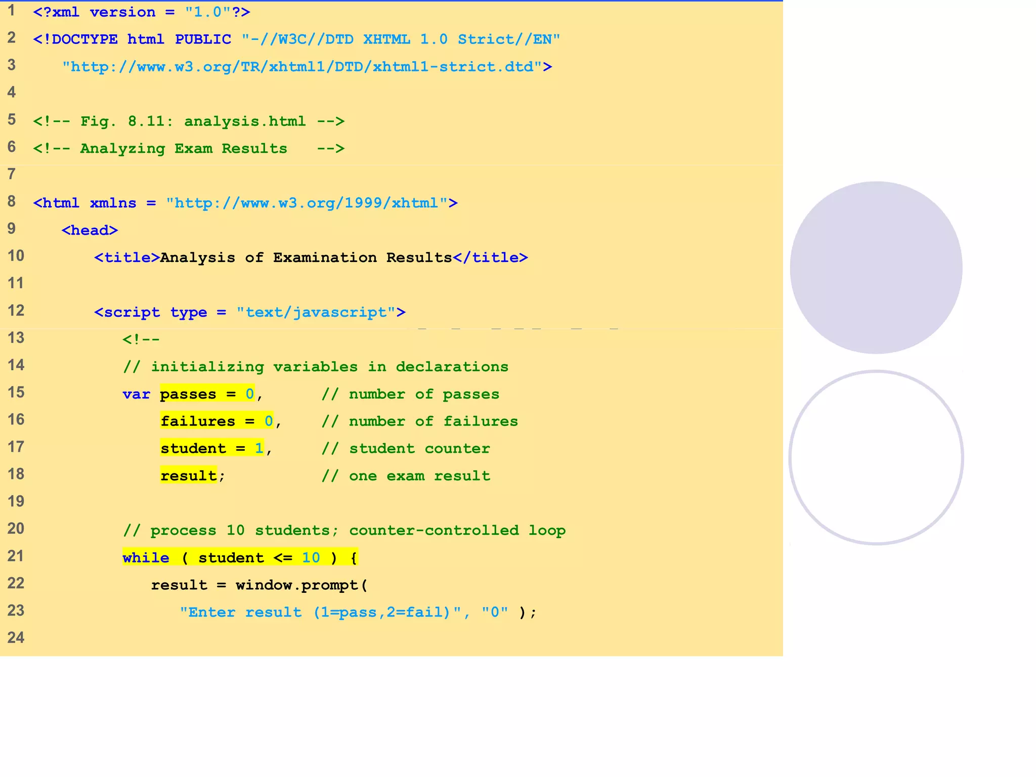 analysis.html
(1 of 2)
1 <?xml version = "1.0"?>
2 <!DOCTYPE html PUBLIC "-//W3C//DTD XHTML 1.0 Strict//EN"
3 "http://www.w3.org/TR/xhtml1/DTD/xhtml1-strict.dtd">
4
5 <!-- Fig. 8.11: analysis.html -->
6 <!-- Analyzing Exam Results -->
7
8 <html xmlns = "http://www.w3.org/1999/xhtml">
9 <head>
10 <title>Analysis of Examination Results</title>
11
12 <script type = "text/javascript">
13 <!--
14 // initializing variables in declarations
15 var passes = 0, // number of passes
16 failures = 0, // number of failures
17 student = 1, // student counter
18 result; // one exam result
19
20 // process 10 students; counter-controlled loop
21 while ( student <= 10 ) {
22 result = window.prompt(
23 "Enter result (1=pass,2=fail)", "0" );
24
 