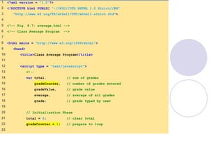 average.html
(1 of 3)
1 <?xml version = "1.0"?>
2 <!DOCTYPE html PUBLIC "-//W3C//DTD XHTML 1.0 Strict//EN"
3 "http://www.w3.org/TR/xhtml1/DTD/xhtml1-strict.dtd">
4
5 <!-- Fig. 8.7: average.html -->
6 <!-- Class Average Program -->
7
8 <html xmlns = "http://www.w3.org/1999/xhtml">
9 <head>
10 <title>Class Average Program</title>
11
12 <script type = "text/javascript">
13 <!--
14 var total, // sum of grades
15 gradeCounter, // number of grades entered
16 gradeValue, // grade value
17 average, // average of all grades
18 grade; // grade typed by user
19
20 // Initialization Phase
21 total = 0; // clear total
22 gradeCounter = 1; // prepare to loop
23
 