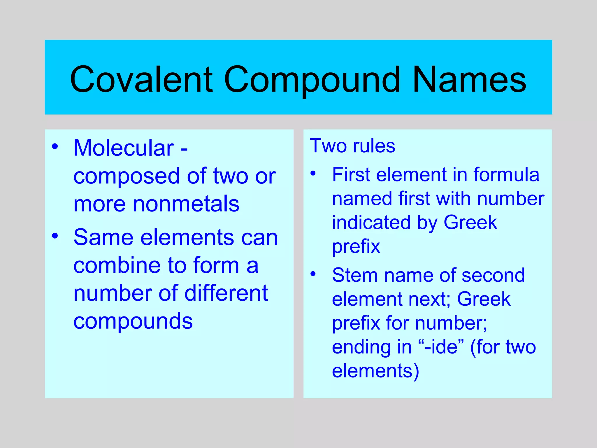 Covalent Compound Names
• Molecular -
composed of two or
more nonmetals
• Same elements can
combine to form a
number of different
compounds
Two rules
• First element in formula
named first with number
indicated by Greek
prefix
• Stem name of second
element next; Greek
prefix for number;
ending in “-ide” (for two
elements)
 