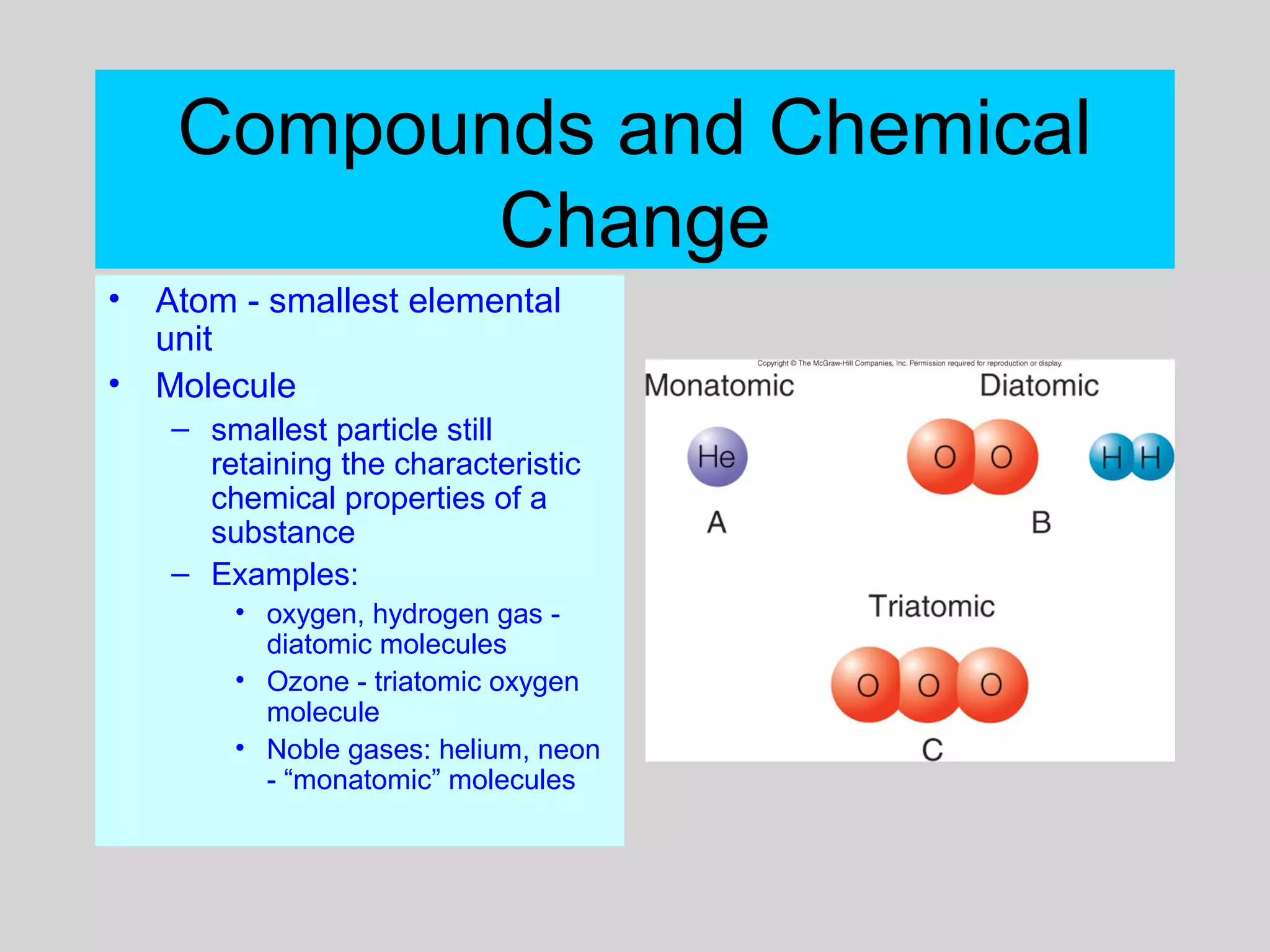 Compounds and Chemical
Change
• Atom - smallest elemental
unit
• Molecule
– smallest particle still
retaining the characteristic
chemical properties of a
substance
– Examples:
• oxygen, hydrogen gas -
diatomic molecules
• Ozone - triatomic oxygen
molecule
• Noble gases: helium, neon
- “monatomic” molecules
 