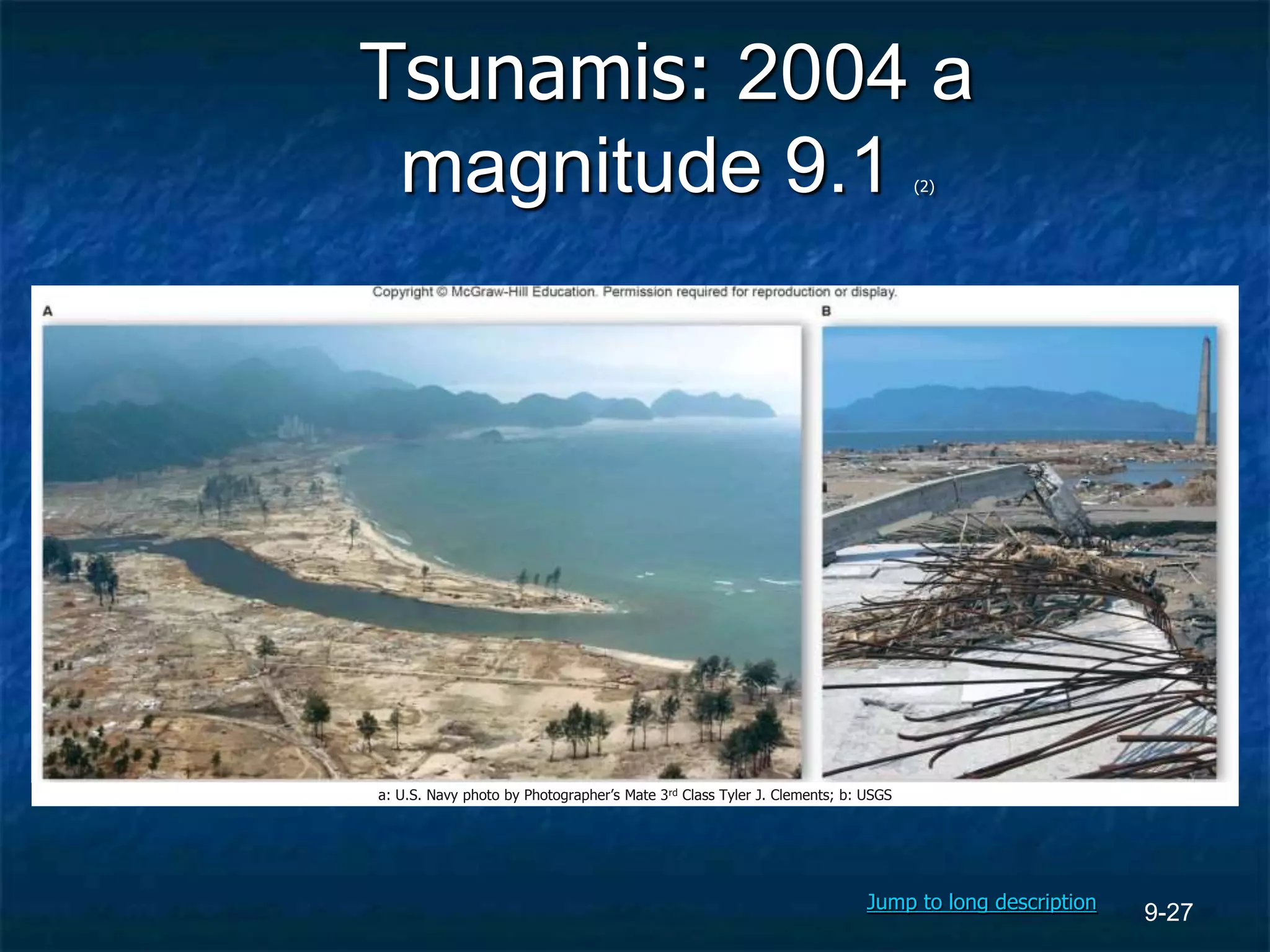 9-27
Tsunamis: 2004 a
magnitude 9.1 (2)
a: U.S. Navy photo by Photographer’s Mate 3rd Class Tyler J. Clements; b: USGS
Jump to long description
 