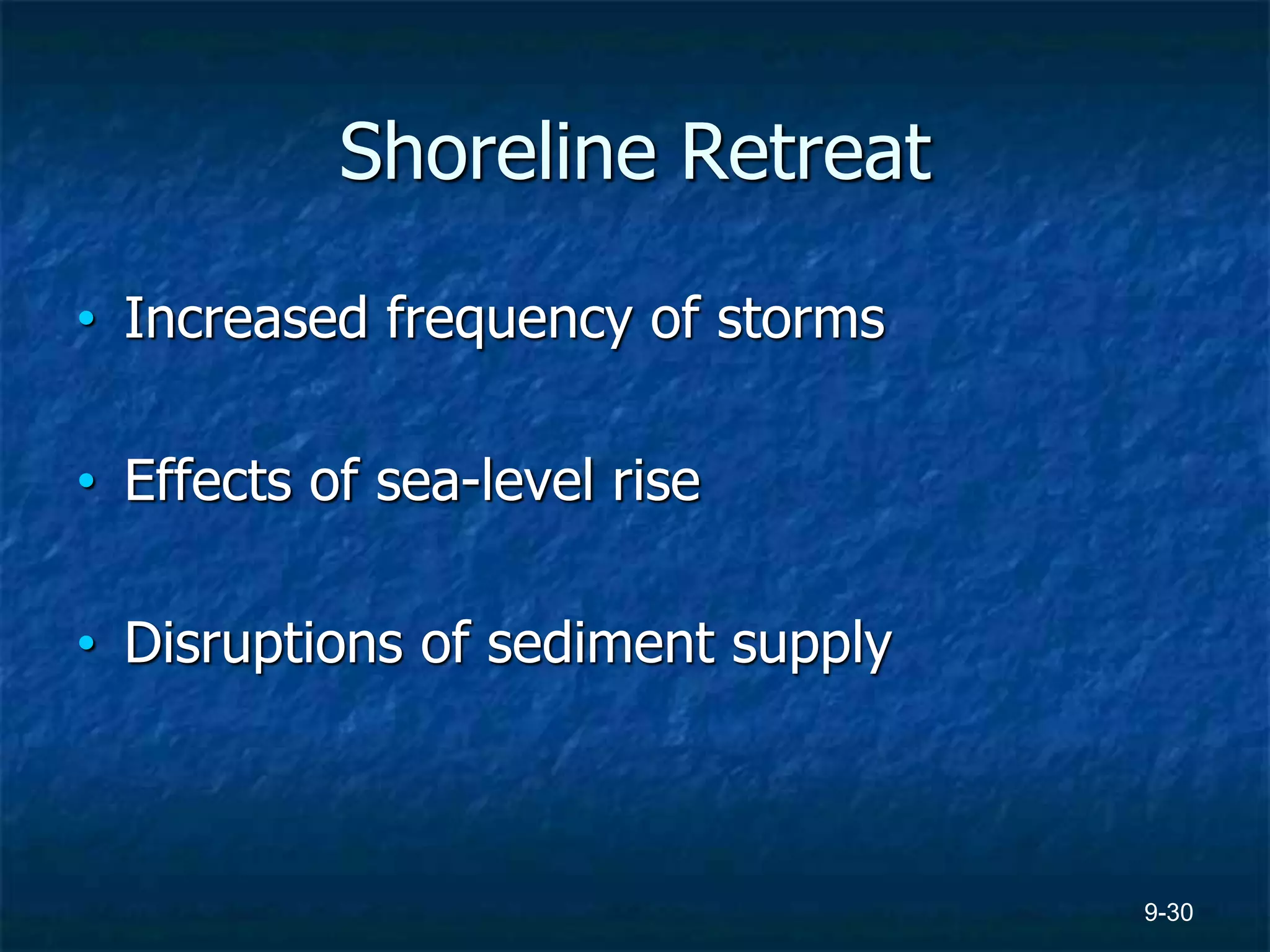 9-30
Shoreline Retreat
• Increased frequency of storms
• Effects of sea-level rise
• Disruptions of sediment supply
 