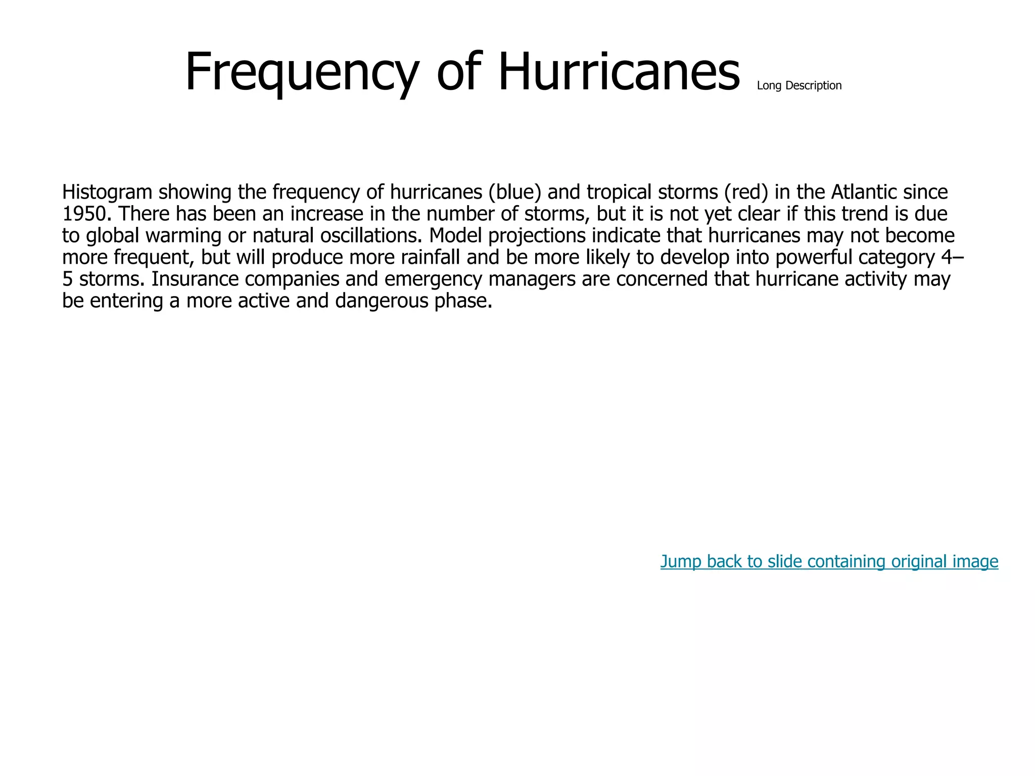 9-52
Frequency of Hurricanes Long Description
Histogram showing the frequency of hurricanes (blue) and tropical storms (red) in the Atlantic since
1950. There has been an increase in the number of storms, but it is not yet clear if this trend is due
to global warming or natural oscillations. Model projections indicate that hurricanes may not become
more frequent, but will produce more rainfall and be more likely to develop into powerful category 4–
5 storms. Insurance companies and emergency managers are concerned that hurricane activity may
be entering a more active and dangerous phase.
Jump back to slide containing original image
 