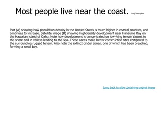 9-36
Most people live near the coast. Long Description
Plot (A) showing how population density in the United States is much higher in coastal counties, and
continues to increase. Satellite image (B) showing highdensity development near Hanauma Bay on
the Hawaiian island of Oahu. Note how development is concentrated on low-lying terrain closest to
the shore and in valleys leading to the sea. These areas make better construction sites compared to
the surrounding rugged terrain. Also note the extinct cinder cones, one of which has been breached,
forming a small bay.
Jump back to slide containing original image
 