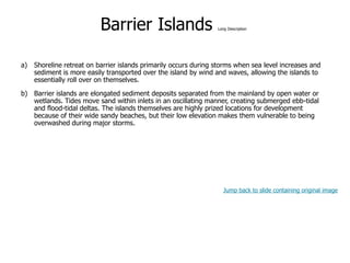 9-45
Barrier Islands Long Description
a) Shoreline retreat on barrier islands primarily occurs during storms when sea level increases and
sediment is more easily transported over the island by wind and waves, allowing the islands to
essentially roll over on themselves.
b) Barrier islands are elongated sediment deposits separated from the mainland by open water or
wetlands. Tides move sand within inlets in an oscillating manner, creating submerged ebb-tidal
and flood-tidal deltas. The islands themselves are highly prized locations for development
because of their wide sandy beaches, but their low elevation makes them vulnerable to being
overwashed during major storms.
Jump back to slide containing original image
 
