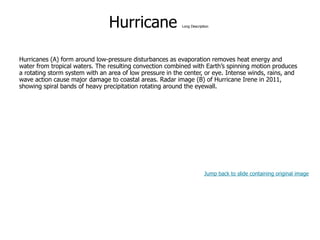 9-47
Hurricane Long Description
Hurricanes (A) form around low-pressure disturbances as evaporation removes heat energy and
water from tropical waters. The resulting convection combined with Earth’s spinning motion produces
a rotating storm system with an area of low pressure in the center, or eye. Intense winds, rains, and
wave action cause major damage to coastal areas. Radar image (B) of Hurricane Irene in 2011,
showing spiral bands of heavy precipitation rotating around the eyewall.
Jump back to slide containing original image
 
