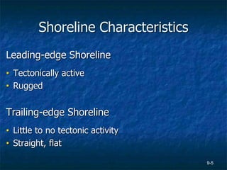 9-5
Shoreline Characteristics
Leading-edge Shoreline
• Tectonically active
• Rugged
Trailing-edge Shoreline
• Little to no tectonic activity
• Straight, flat
 