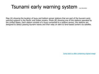9-57
Tsunami early warning system Long Description
Map (A) showing the location of buoy and bottom sensor stations that are part of the tsunami early
warning systems in the Pacific and Indian oceans. Photo (B) showing one of the stations operated by
the United States. Each station consists of a buoy connected to a bottom sensor; the stations are
designed to detect passing tsunami waves and then relay an alert to land-based centers via satellite.
Jump back to slide containing original image
 
