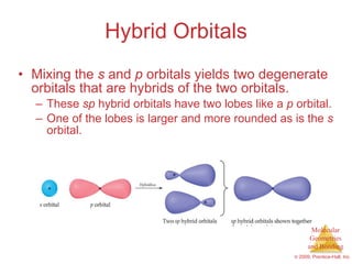 Hybrid Orbitals Mixing the  s  and  p  orbitals yields two degenerate orbitals that are hybrids of the two orbitals. These  sp  hybrid orbitals have two lobes like a  p  orbital. One of the lobes is larger and more rounded as is the  s  orbital. 