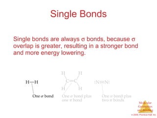 Single Bonds Single bonds are always    bonds, because    overlap is greater, resulting in a stronger bond and more energy lowering. 