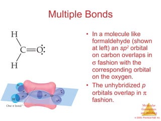 Multiple Bonds In a molecule like formaldehyde (shown at left) an  sp 2  orbital on carbon overlaps in    fashion with the corresponding orbital on the oxygen. The unhybridized  p  orbitals overlap in    fashion. 