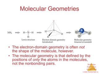 Molecular Geometries The electron-domain geometry is often  not  the shape of the molecule, however. The molecular geometry is that defined by the positions of  only  the atoms in the molecules, not the nonbonding pairs. 