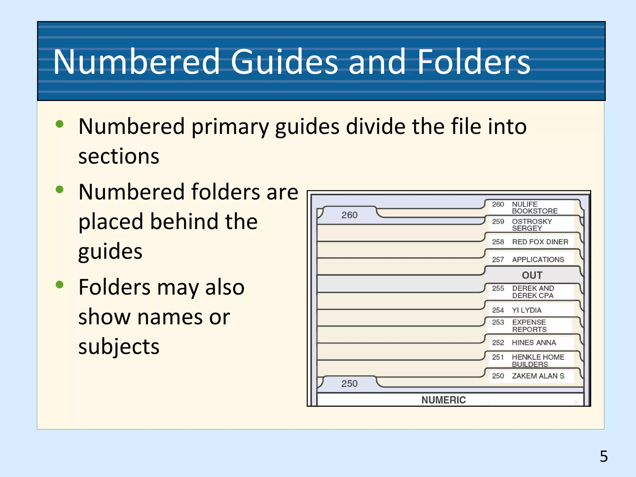 Numbered Guides and Folders
• Numbered primary guides divide the file into
sections
• Numbered folders are
placed behind the
guides
• Folders may also
show names or
subjects
5
 