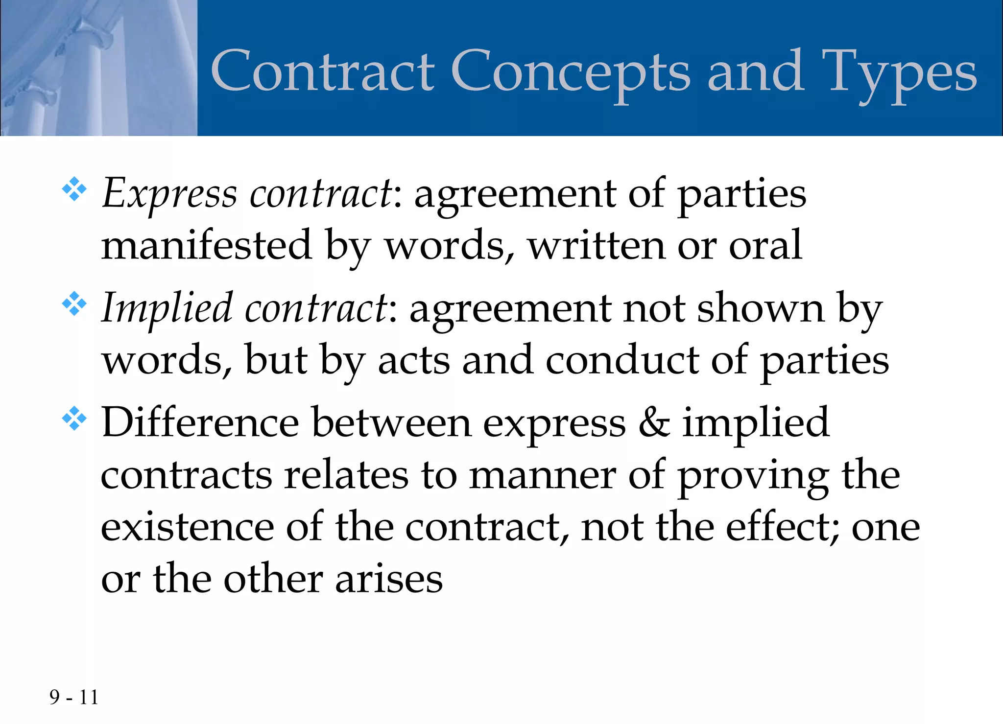 Contract Concepts and Types
  Express contract: agreement of parties
   manifested by words, written or oral
  Implied contract: agreement not shown by
   words, but by acts and conduct of parties
  Difference between express & implied
   contracts relates to manner of proving the
   existence of the contract, not the effect; one
   or the other arises

9 - 11
 