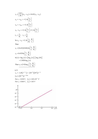 ⎛ 333 ⎞
v0 = ⎜     ⎟ ( v01 − v02 ) = 16.65 ( v01 − v02 )
     ⎝ 20 ⎠
                        ⎛i ⎞
v01 = −vBE1 = −VT ln ⎜ C1 ⎟
                        ⎝ IS ⎠
                        ⎛i ⎞
v02 = −vBE 2 = −VT ln ⎜ C 2 ⎟
                        ⎝ IS ⎠
                   ⎛i ⎞           ⎛i ⎞
v01 − v02 = −VT ln ⎜ C1 ⎟ = VT ln ⎜ C 2 ⎟
                   ⎝ iC 2 ⎠       ⎝ iC1 ⎠
       v           v
iC 2 = 2 , iC1 = 1
       R2          R1
                     ⎛v R ⎞
So v01 − v02 = VT ln ⎜ 2 ⋅ 1 ⎟
                     ⎝ R2 v1 ⎠
Then
                          ⎛v R ⎞
v0 = (16.65 )( 0.026 ) ln ⎜ 2 ⋅ 1 ⎟
                          ⎝ v1 R2 ⎠
                ⎛v R ⎞
v0 = 0.4329 ln ⎜ 2 ⋅ 1 ⎟
                ⎝ v1 R2 ⎠
ln ( x ) = log e ( x ) = ⎡ log10 ( x ) ⎤ ⋅ ⎡log e (10 ) ⎤
                         ⎣             ⎦ ⎣              ⎦
        = 2.3026 log10 ( x )
                       ⎛v R ⎞
Then v0 ≅ (1.0 ) log10 ⎜ 2 ⋅ 1 ⎟
                       ⎝ v1 R2 ⎠

9.77
              (            )
vO = − I s R evI / VT = − (10−14 )(104 ) evI / VT
 vO = (10   −10
                  )e   vI / 0.026



For vI = 0.30 V ,               vo = 1.03 × 10−5 V
For vI = 0.60 V ,               vo = 1.05 V
 