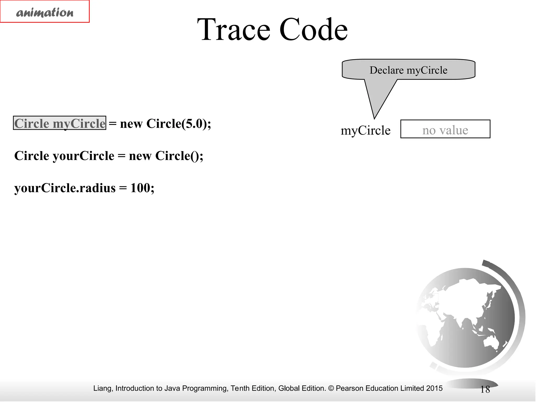 Liang, Introduction to Java Programming, Tenth Edition, Global Edition. © Pearson Education Limited 2015 18 Trace Code Circle myCircle = new Circle(5.0); Circle yourCircle = new Circle(); yourCircle.radius = 100; Declare myCircle no value myCircle animation 