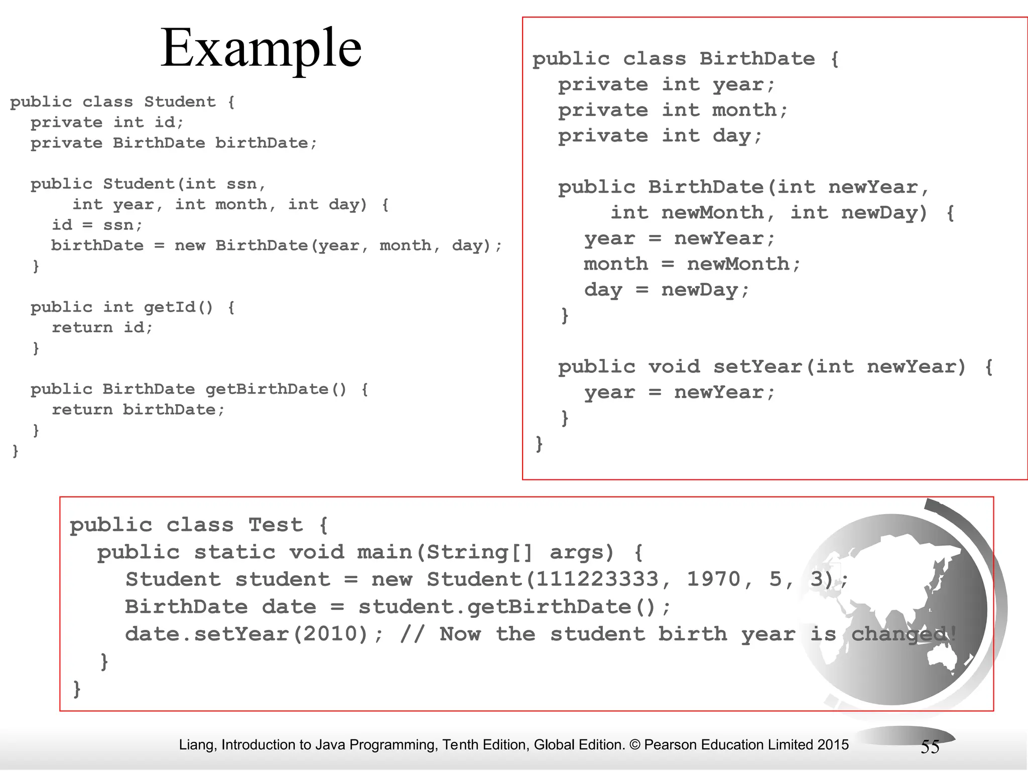 Liang, Introduction to Java Programming, Tenth Edition, Global Edition. © Pearson Education Limited 2015 55 Example public class Student { private int id; private BirthDate birthDate; public Student(int ssn, int year, int month, int day) { id = ssn; birthDate = new BirthDate(year, month, day); } public int getId() { return id; } public BirthDate getBirthDate() { return birthDate; } } public class BirthDate { private int year; private int month; private int day; public BirthDate(int newYear, int newMonth, int newDay) { year = newYear; month = newMonth; day = newDay; } public void setYear(int newYear) { year = newYear; } } public class Test { public static void main(String[] args) { Student student = new Student(111223333, 1970, 5, 3); BirthDate date = student.getBirthDate(); date.setYear(2010); // Now the student birth year is changed! } } 