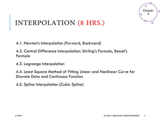 4.1. Newton’s Interpolation (Forward, Backward)
4.2. Central Difference Interpolation: Stirling’s Formula, Bessel’s
Formula
4.3. Lagrange Interpolation
4.4. Least Square Method of Fitting Linear and Nonlinear Curve for
Discrete Data and Continuous Function
4.5. Spline Interpolation (Cubic Spline)
4/19/2019 ER. SHIVA K. SHRESTHA (HOD, COMPUTER DEPARTMENT) 17
Chapter
4
 
