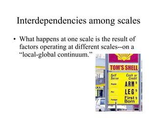 Interdependencies among scales What happens at one scale is the result of factors operating at different scales--on a “local-global continuum.” 