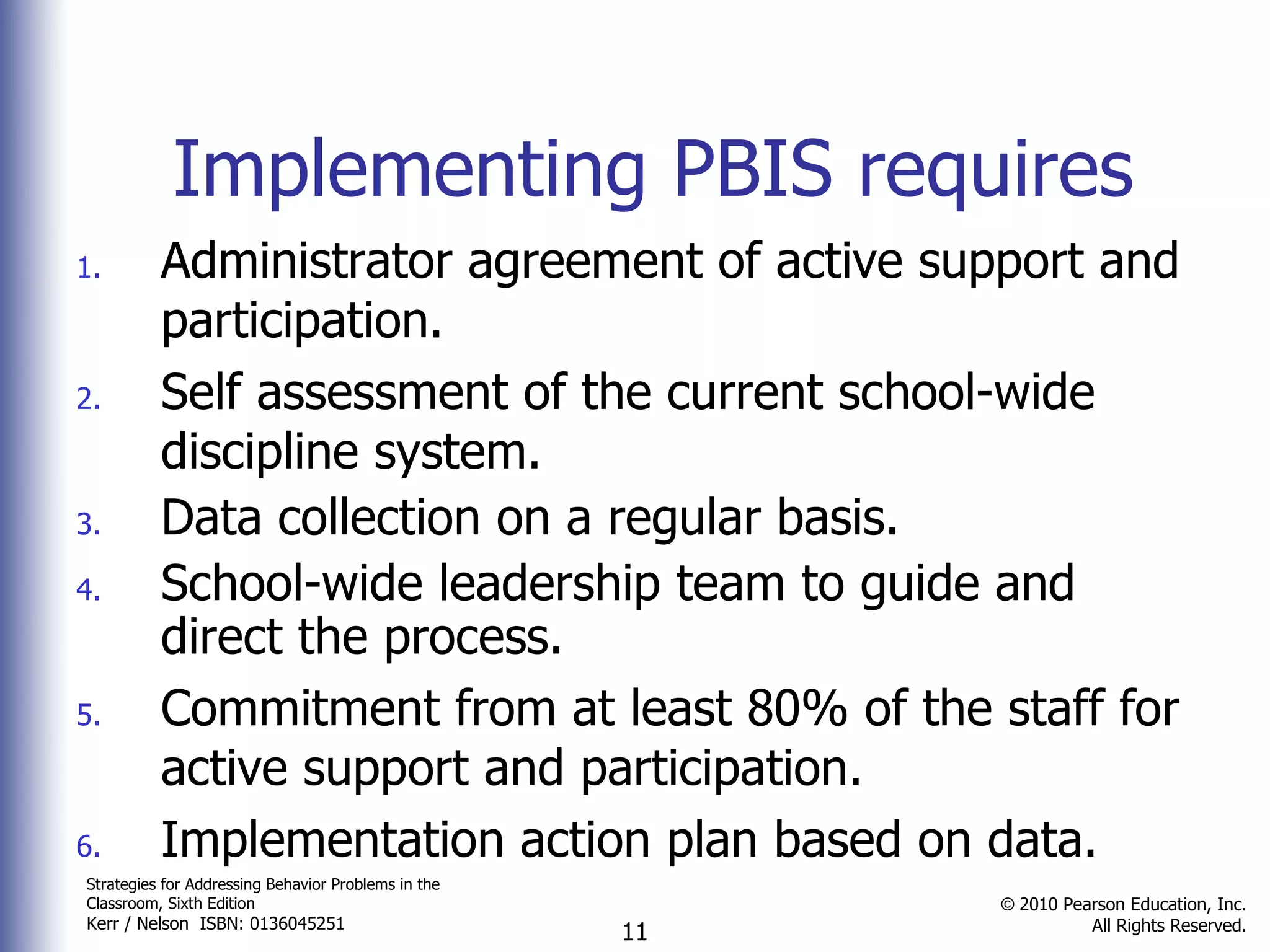 Implementing PBIS requires Administrator agreement of active support and participation. Self assessment of the current school-wide discipline system. Data collection on a regular basis. School-wide leadership team to guide and direct the process.  Commitment from at least 80% of the staff for active support and participation. Implementation action plan based on data. 