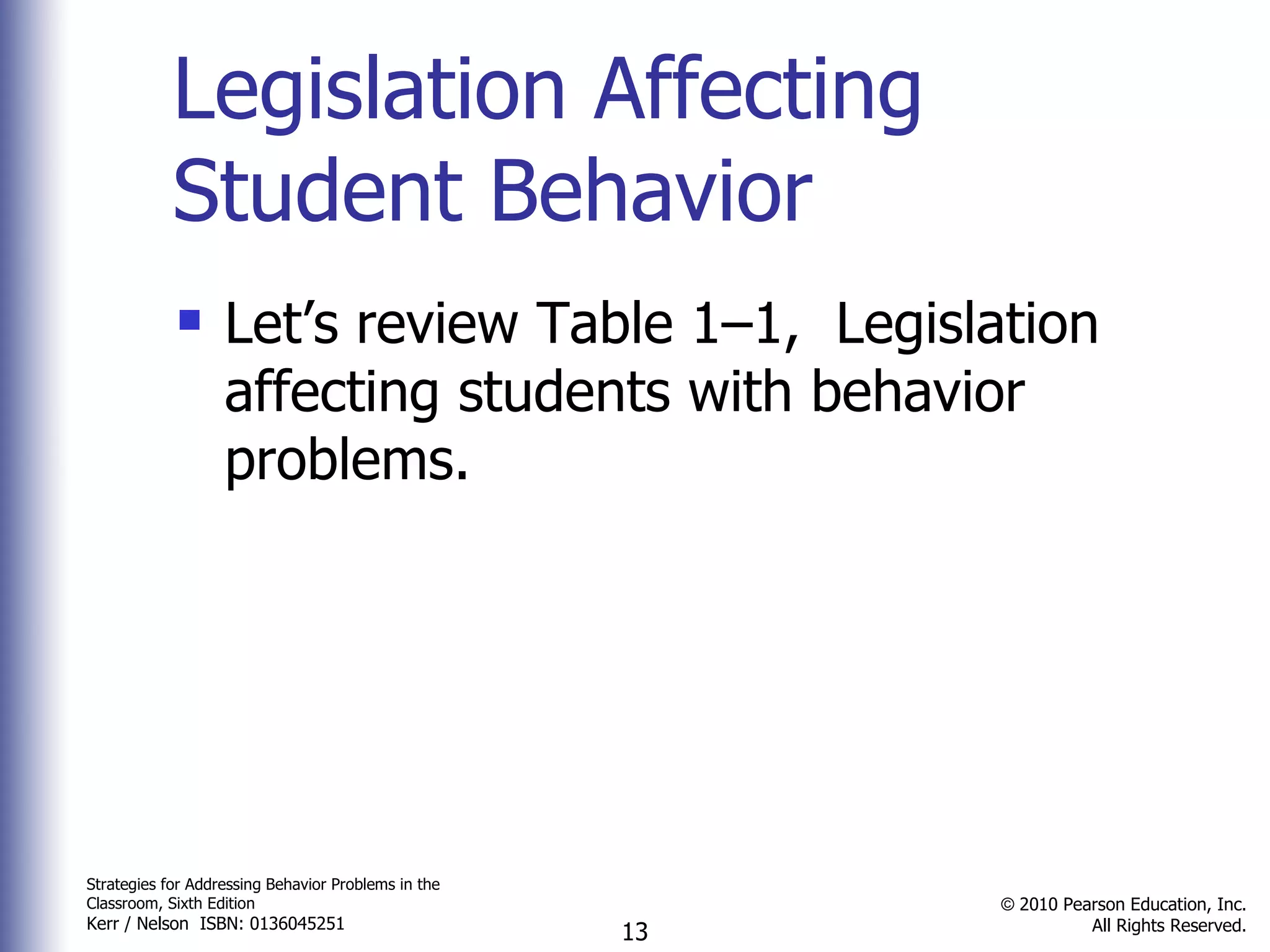 Legislation Affecting Student Behavior Let’s review Table 1–1,  Legislation affecting students with behavior problems. 