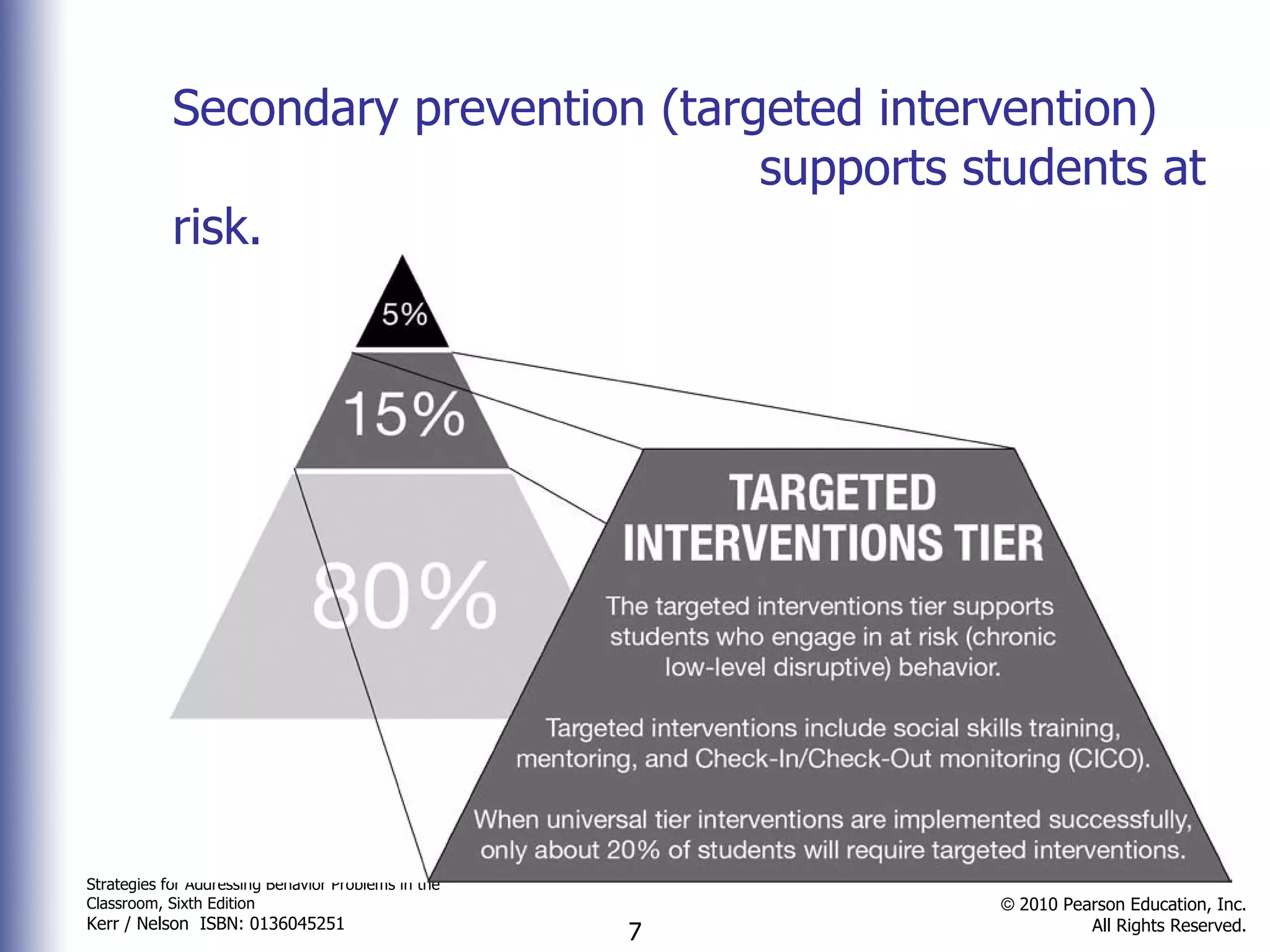 Secondary prevention (targeted intervention)  supports students at risk. 